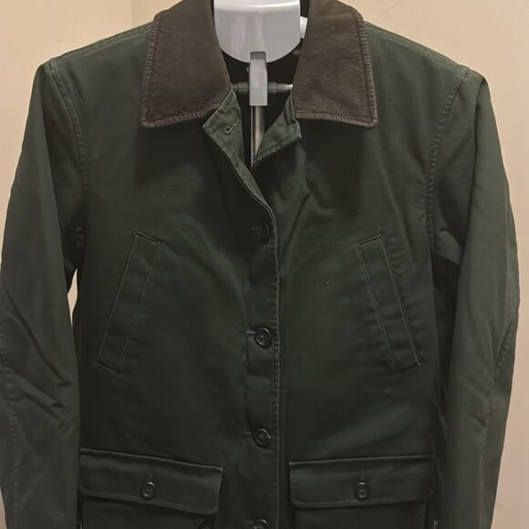 Lands' End Army Green Fisherman Core Chore/Barn Coat With Leather Collar - Picture 5 of 13